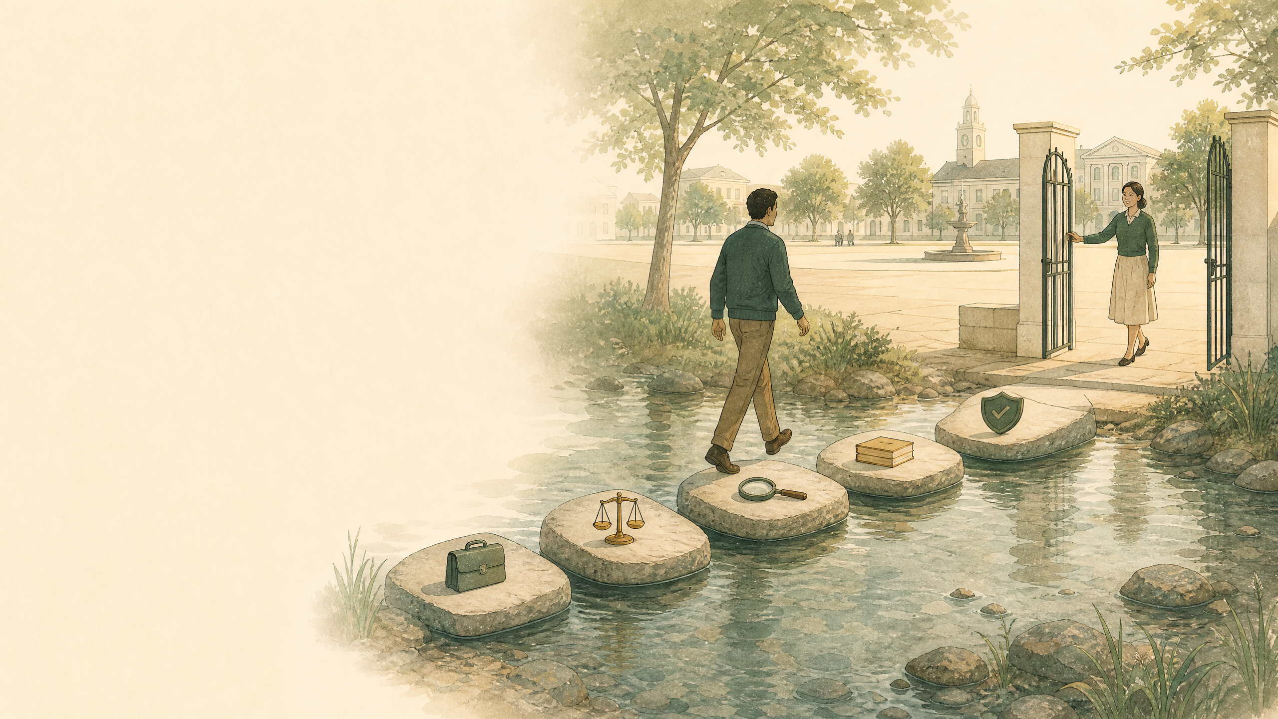 A person crosses five stepping stones towards an open gate and a shared civic square, suggesting connected choices about work, trust and abundance.