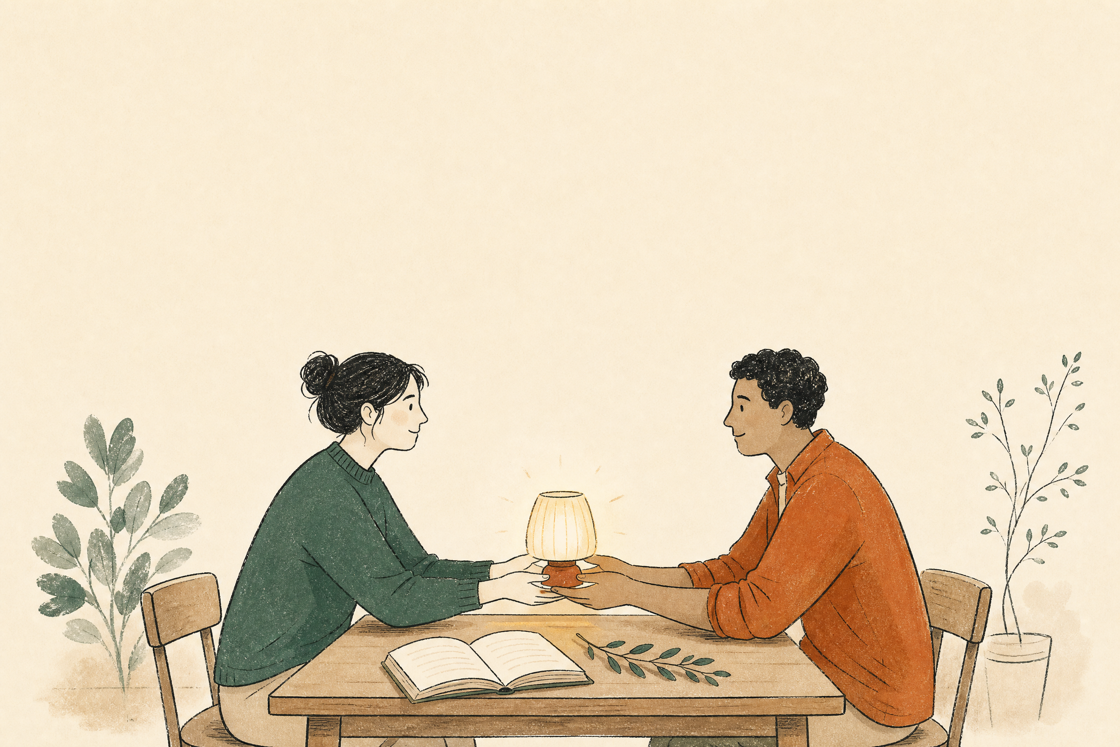 Two people share a softly glowing lamp across a table with an open book.