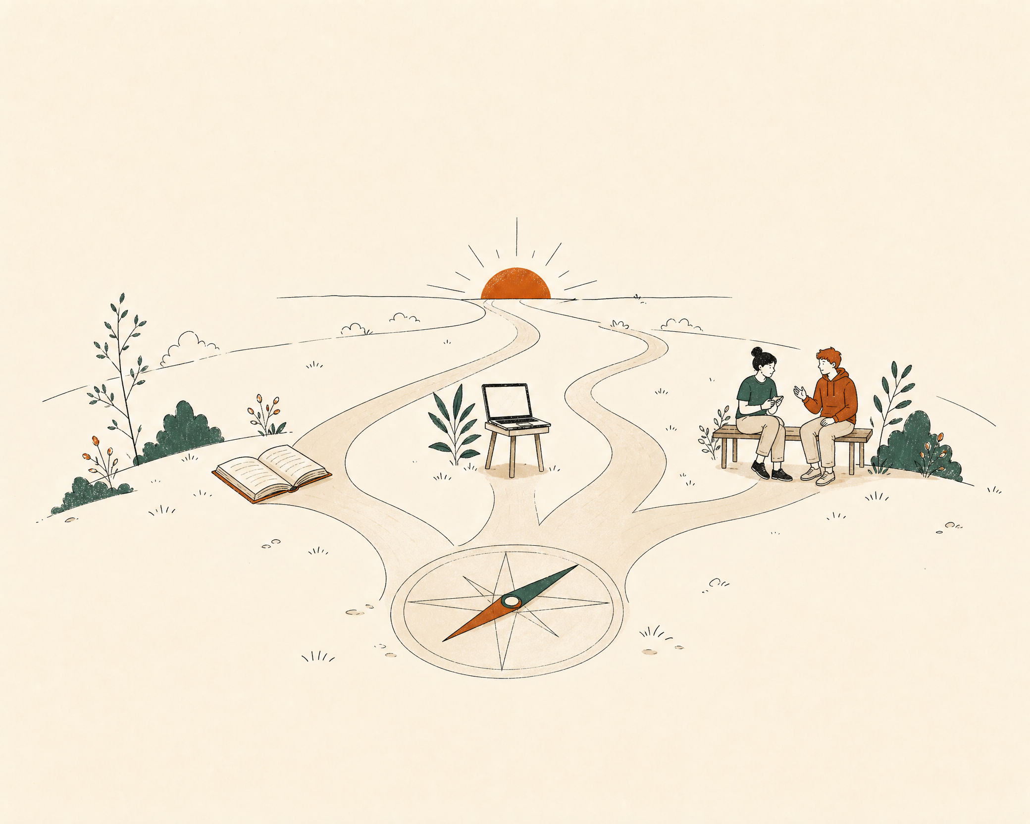 Three paths leave a compass, passing a book, a laptop and two people talking before reaching the horizon.
